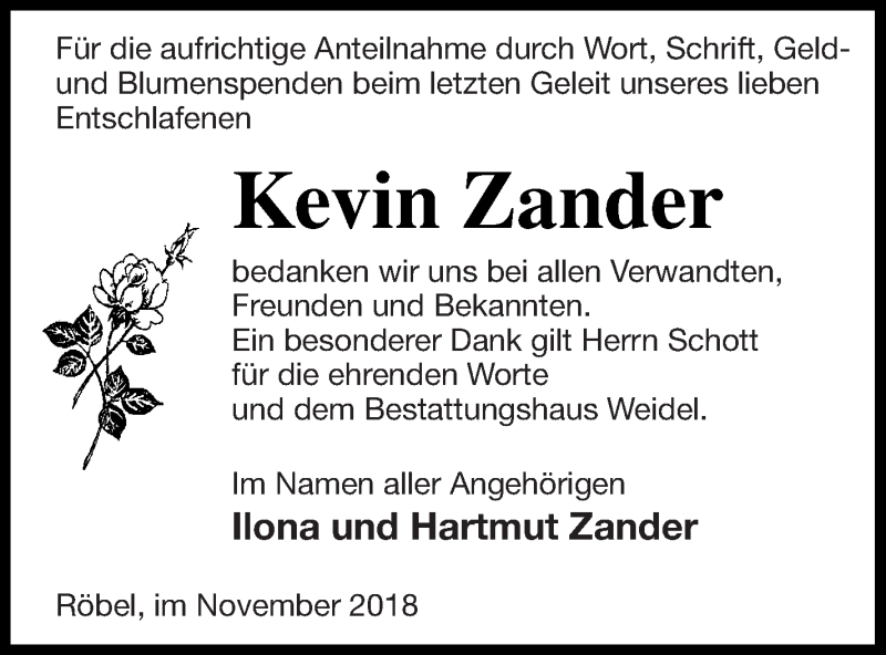  Traueranzeige für Kevin Zander vom 23.11.2018 aus Müritz-Zeitung