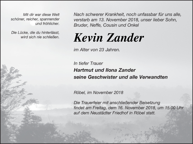  Traueranzeige für Kevin Zander vom 14.11.2018 aus Müritz-Zeitung