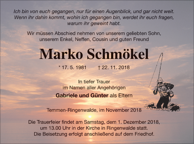  Traueranzeige für Marko Schmökel vom 28.11.2018 aus Templiner Zeitung