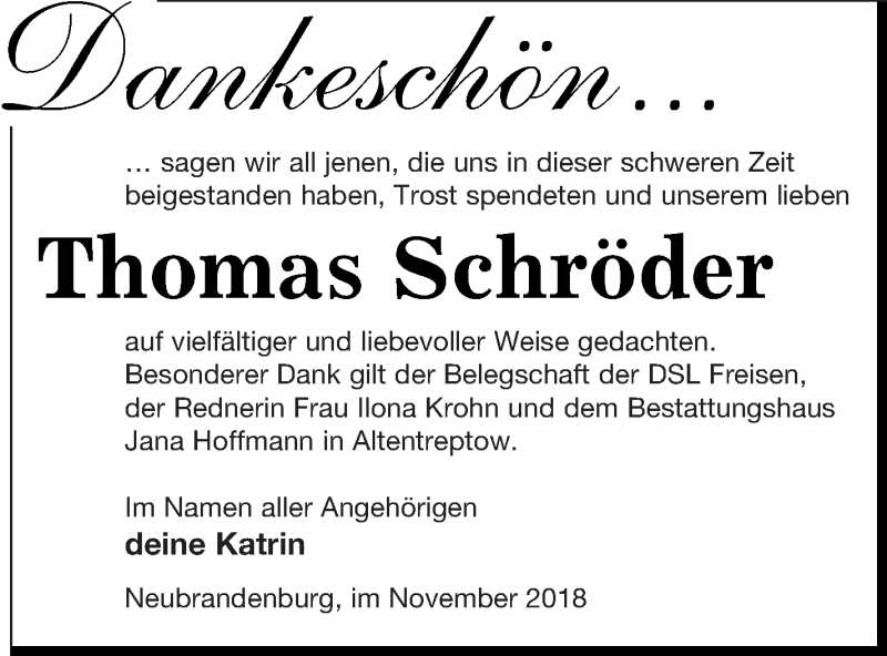  Traueranzeige für Thomas Schröder vom 27.11.2018 aus Neubrandenburger Zeitung