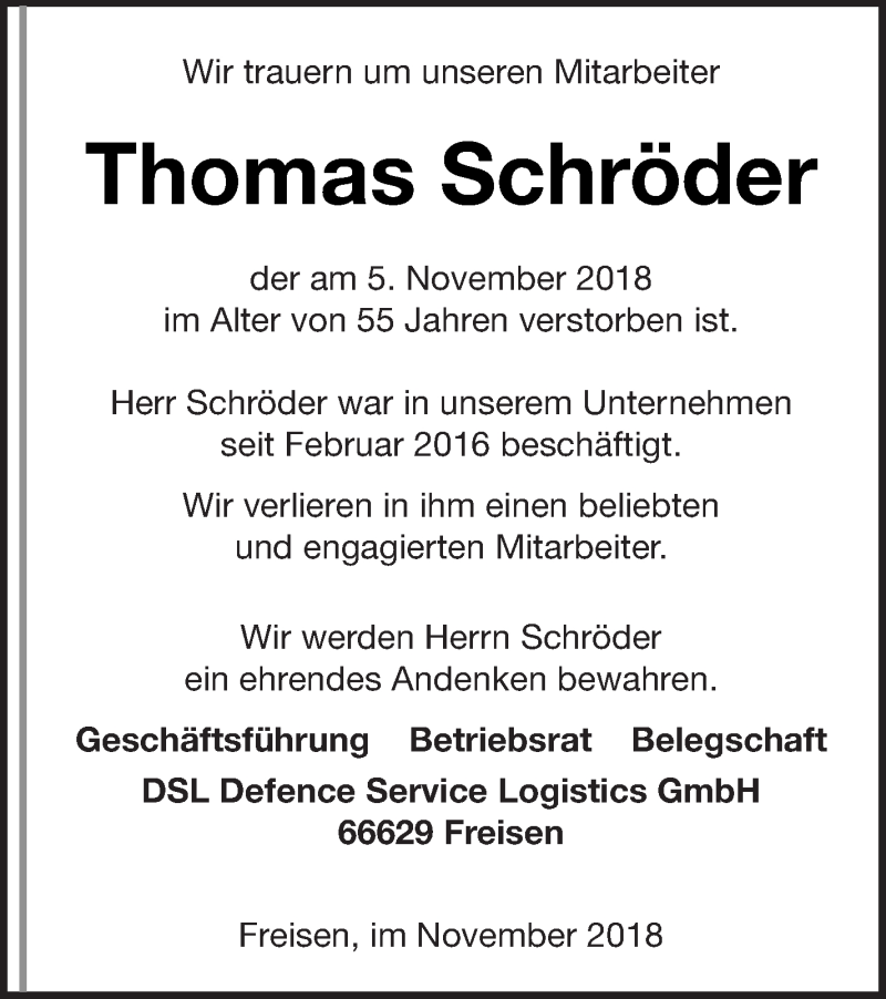  Traueranzeige für Thomas Schröder vom 15.11.2018 aus Neubrandenburger Zeitung