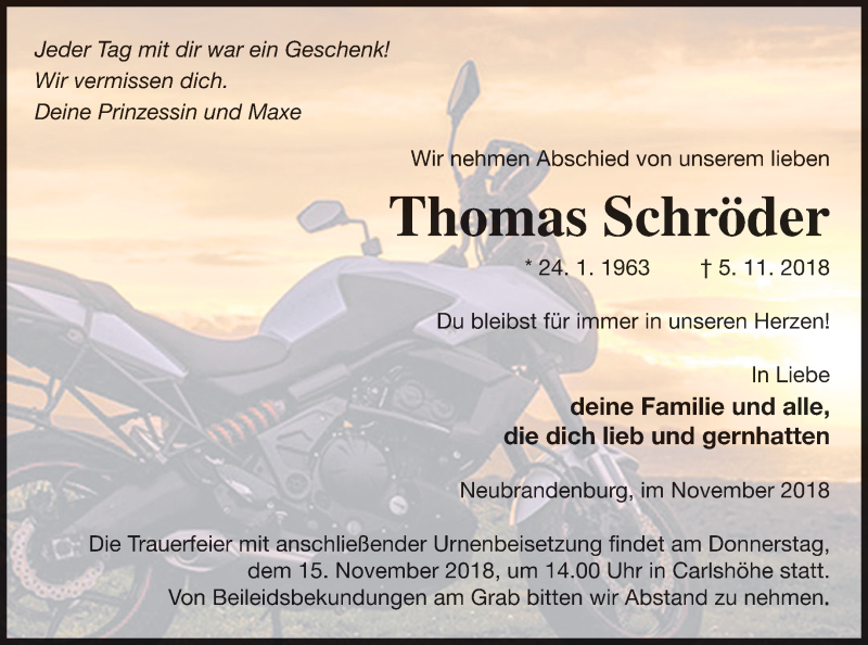  Traueranzeige für Thomas Schröder vom 09.11.2018 aus Neubrandenburger Zeitung