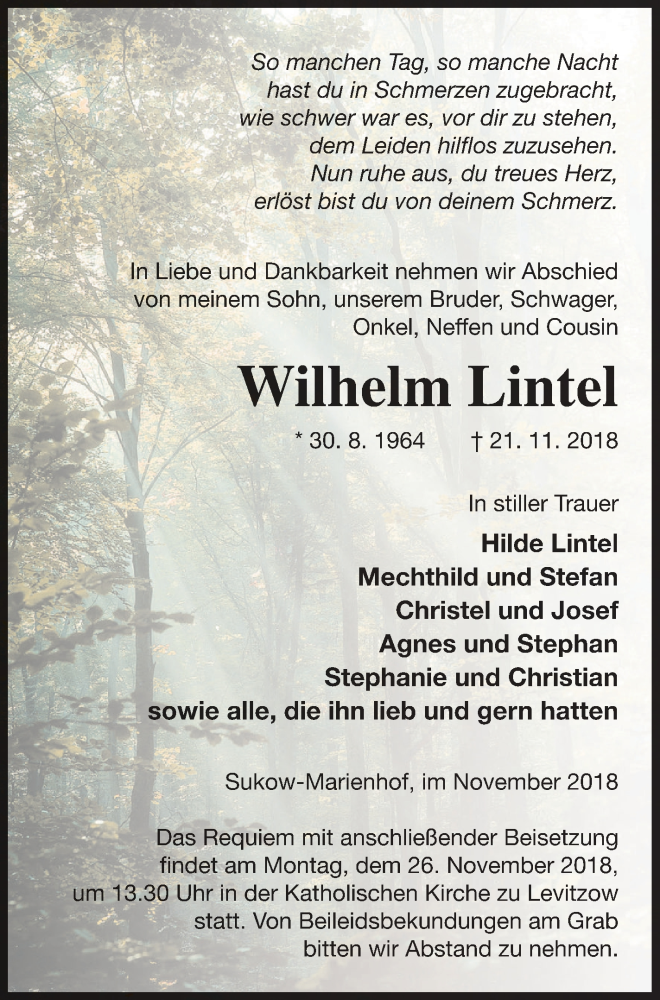  Traueranzeige für Wilhelm Lintel vom 23.11.2018 aus Mecklenburger Schweiz