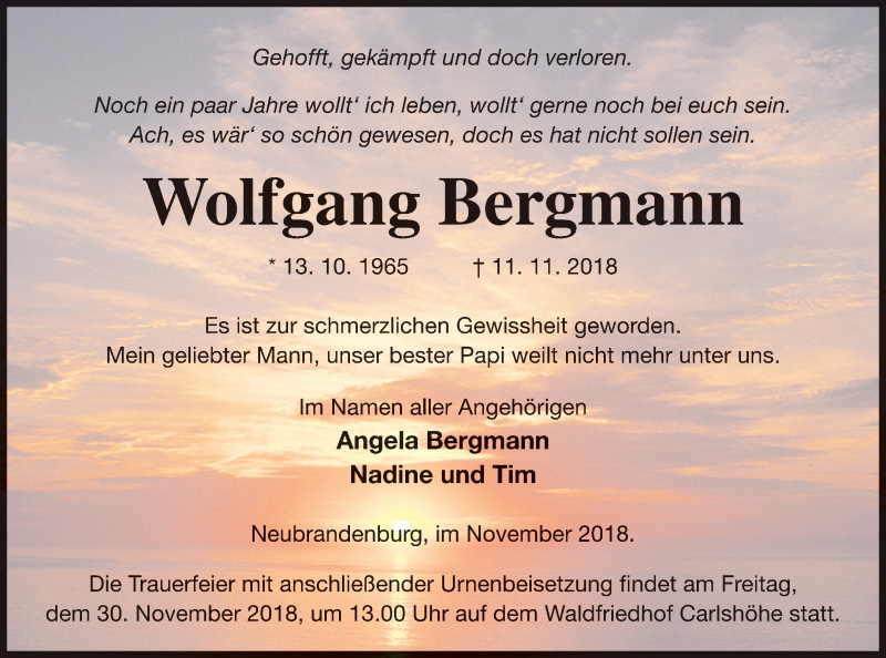  Traueranzeige für Wolfgang Bergmann vom 16.11.2018 aus Neubrandenburger Zeitung