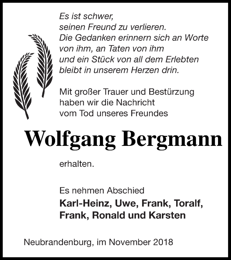  Traueranzeige für Wolfgang Bergmann vom 21.11.2018 aus Neubrandenburger Zeitung