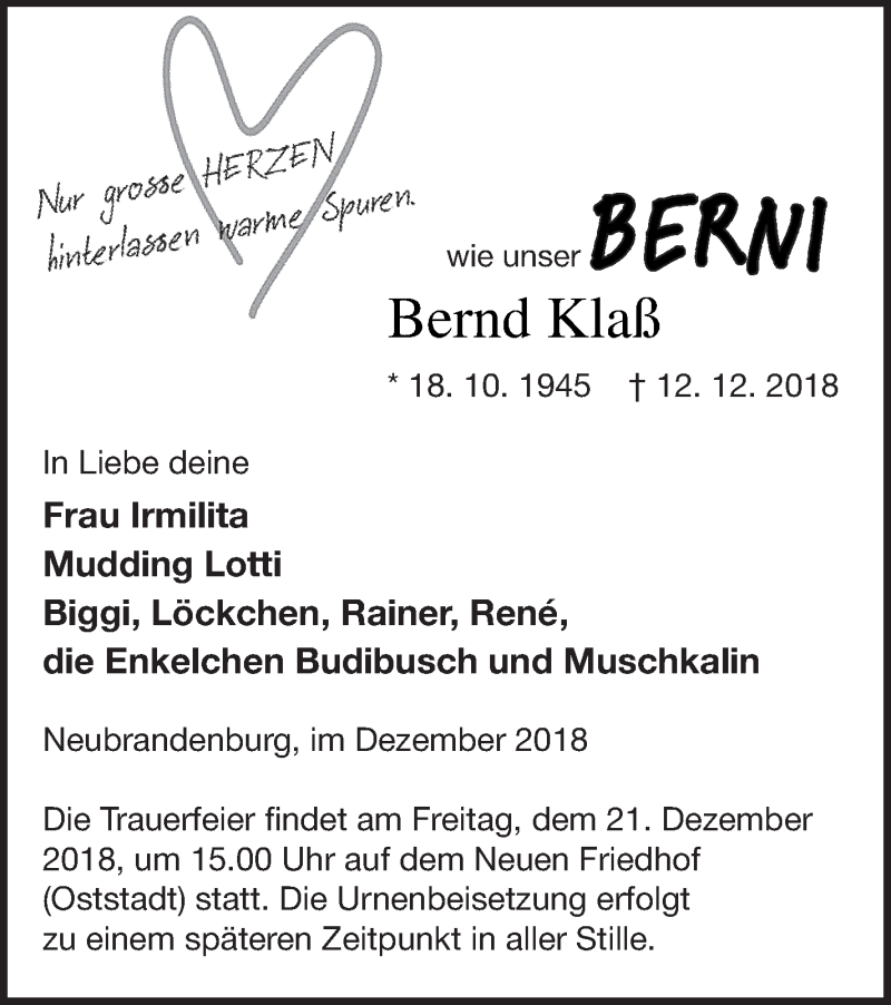  Traueranzeige für Bernd Klaß vom 14.12.2018 aus Neubrandenburger Zeitung