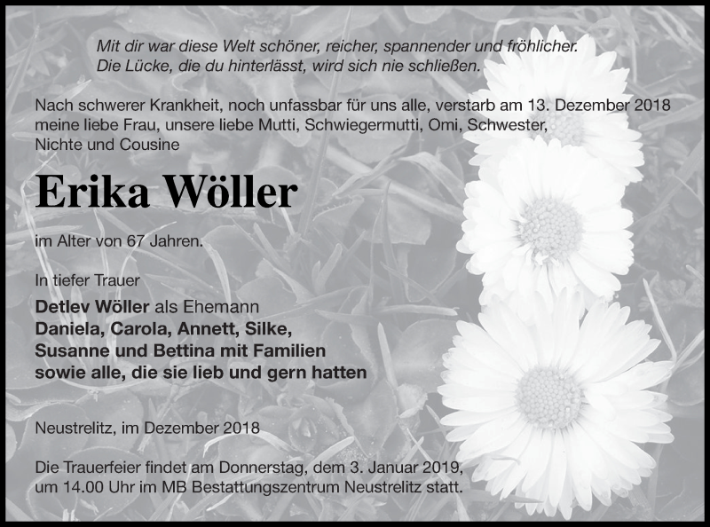  Traueranzeige für Erika Wöller vom 18.12.2018 aus Strelitzer Zeitung