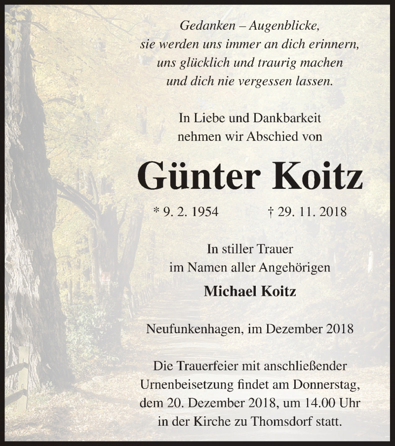  Traueranzeige für Günter Koitz vom 15.12.2018 aus Templiner Zeitung
