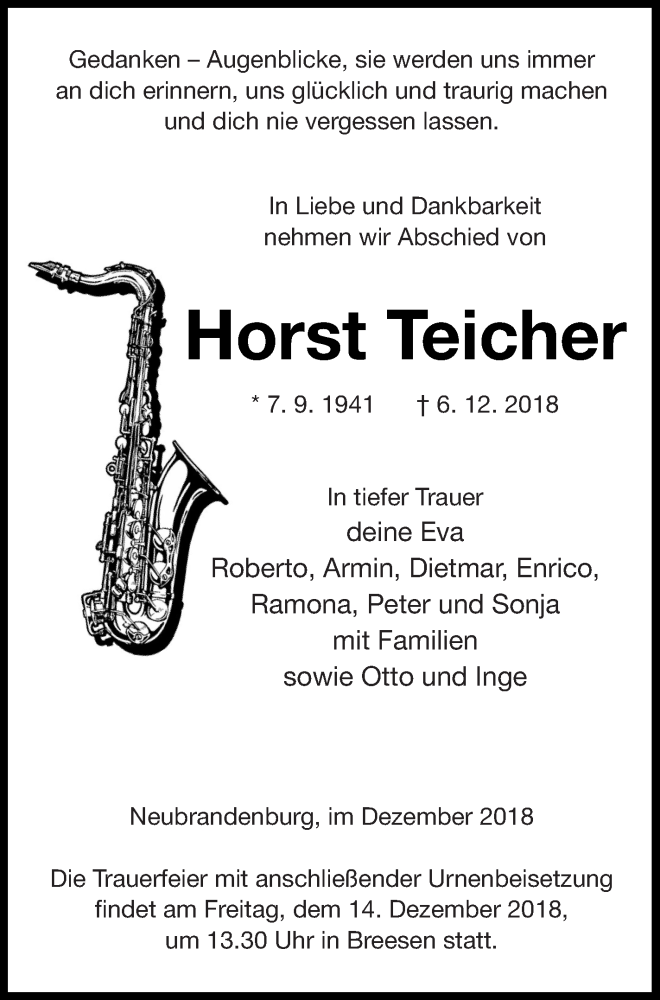 Traueranzeige für Horst Teicher vom 11.12.2018 aus Neubrandenburger Zeitung