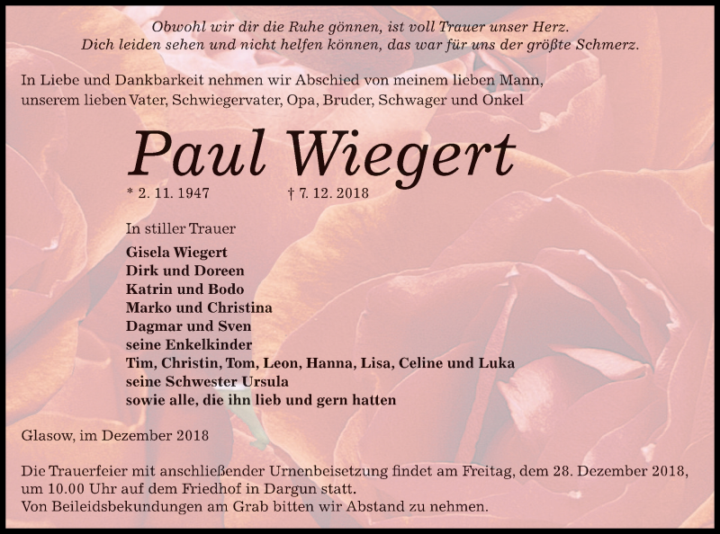  Traueranzeige für Paul Wiegert vom 11.12.2018 aus Mecklenburger Schweiz