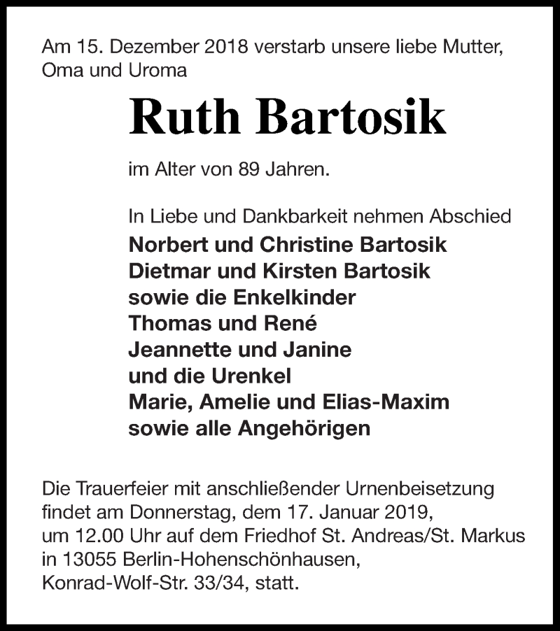  Traueranzeige für Ruth Bartosik vom 21.12.2018 aus Neubrandenburger Zeitung