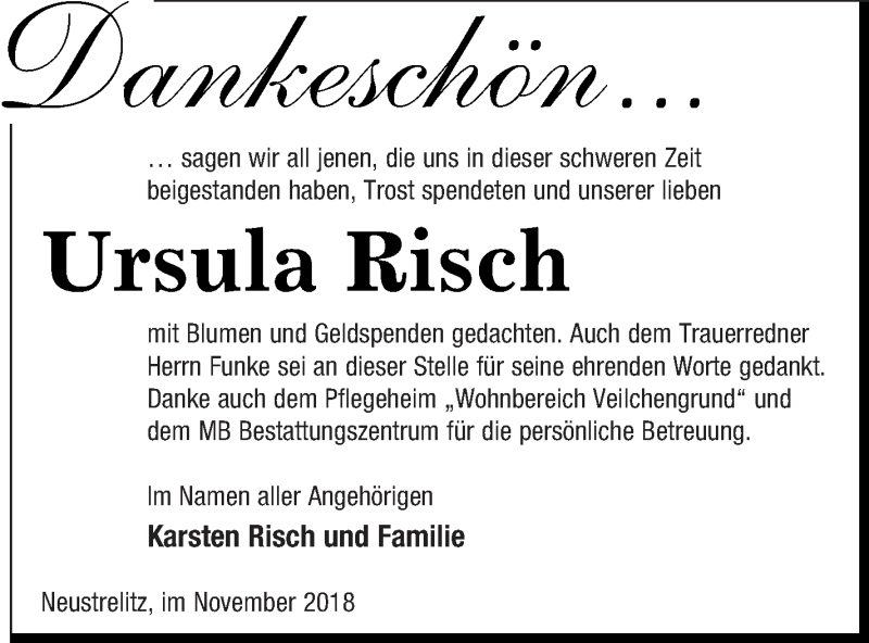  Traueranzeige für Ursula Risch vom 06.12.2018 aus Strelitzer Zeitung