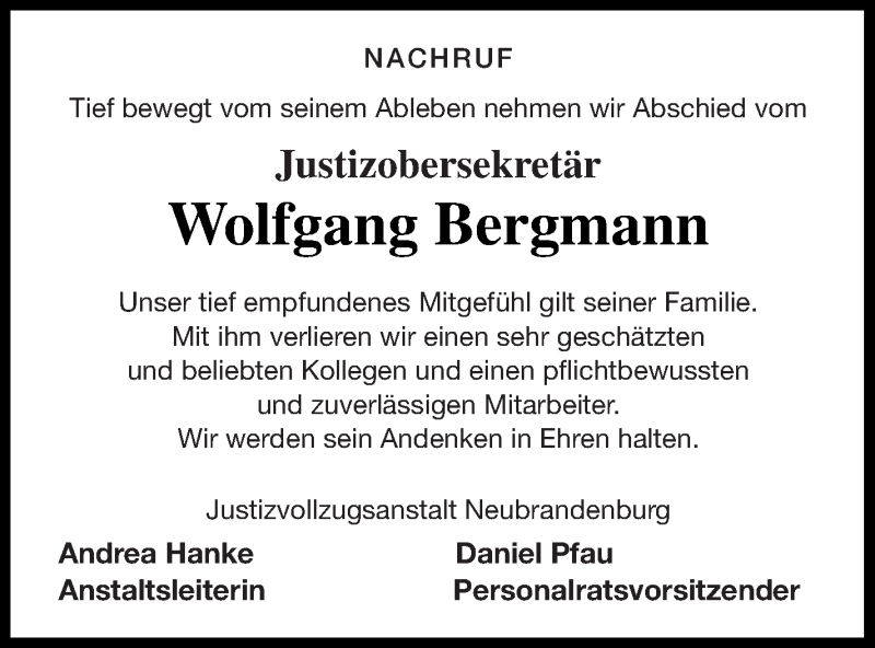 Traueranzeige für Wolfgang Bergmann vom 08.12.2018 aus Neubrandenburger Zeitung