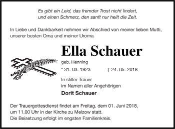 Traueranzeige von Ella Schauer von Prenzlauer Zeitung