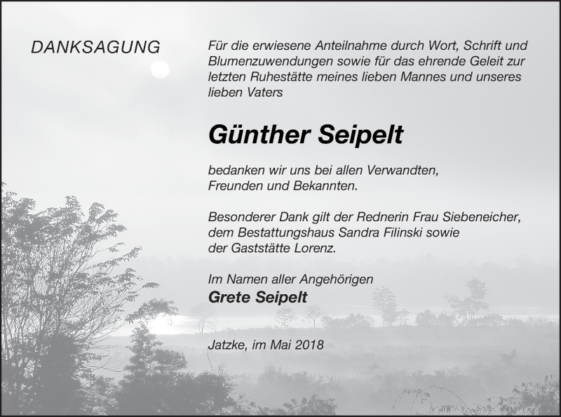  Traueranzeige für Günther Seipelt vom 25.05.2018 aus Neubrandenburger Zeitung