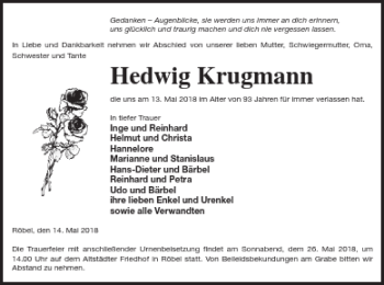 Traueranzeige von Hedwig Krugrnann von Müritz-Zeitung
