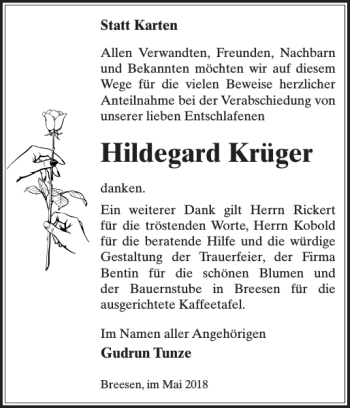 Traueranzeigen von Hildegard Krüger Trauer Nordkurier