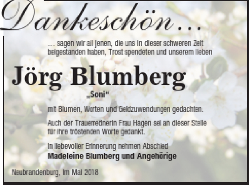  Traueranzeige für Jörg Blumberg vom 15.05.2018 aus Neubrandenburger Zeitung