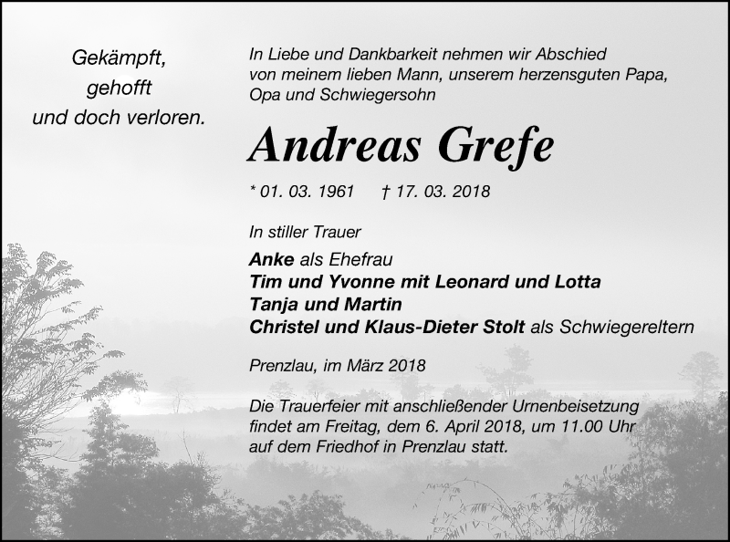  Traueranzeige für Andreas Grefe vom 21.03.2018 aus Prenzlauer Zeitung