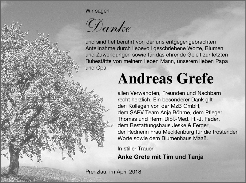  Traueranzeige für Andreas Grefe vom 14.04.2018 aus Prenzlauer Zeitung