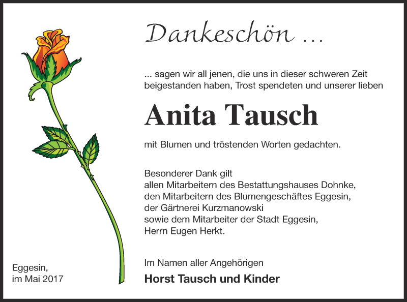  Traueranzeige für Anita Tausch vom 12.05.2017 aus Haff-Zeitung