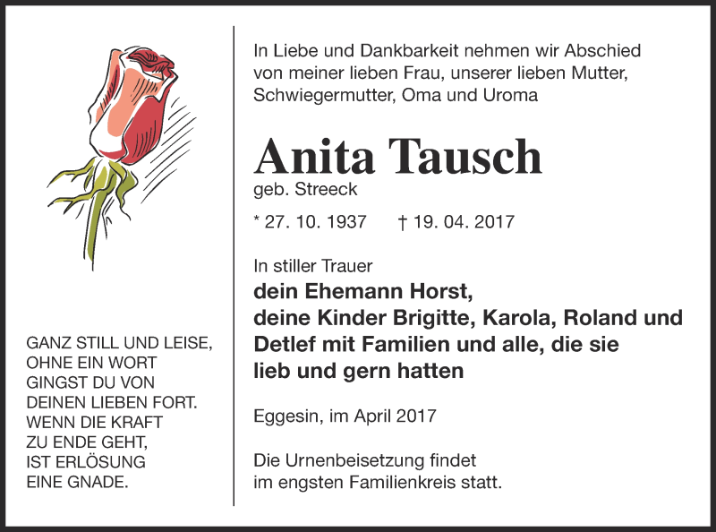  Traueranzeige für Anita Tausch vom 27.04.2017 aus Haff-Zeitung