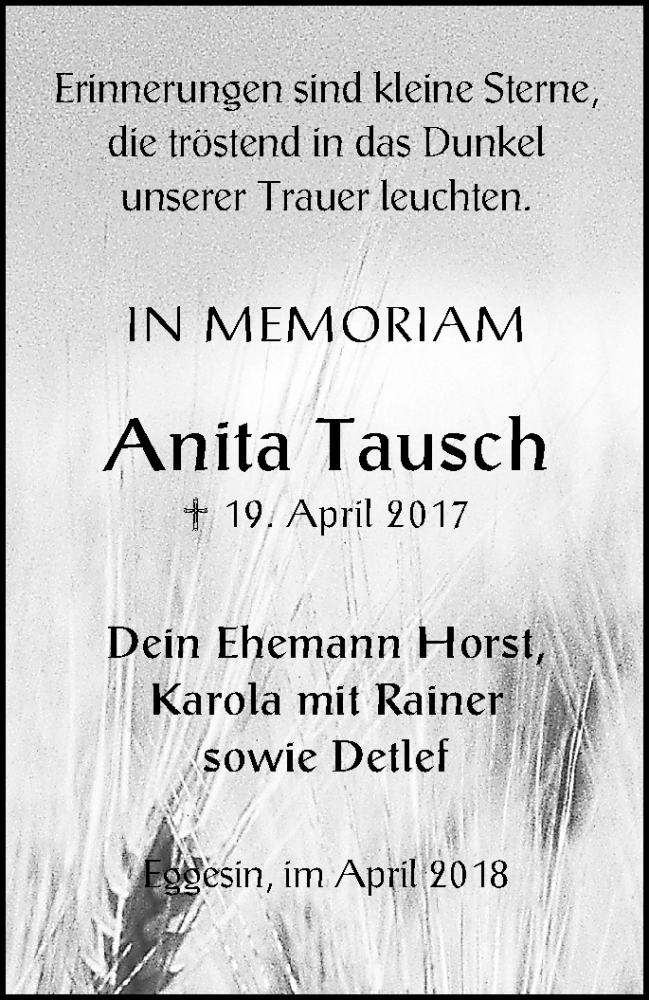  Traueranzeige für Anita Tausch vom 19.04.2018 aus Haff-Zeitung