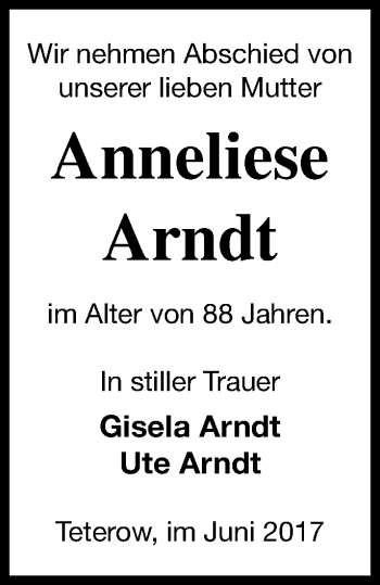 Traueranzeige von Anneliese Arndt von Mecklenburger Schweiz