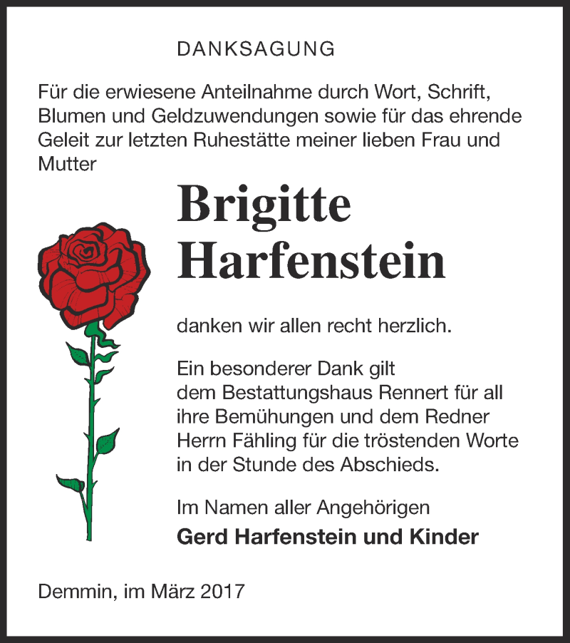  Traueranzeige für Brigitte Harfenstein vom 21.03.2017 aus Demminer Zeitung