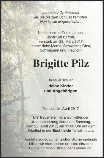 Traueranzeigen Von Brigitte Pilz Trauer Nordkurier