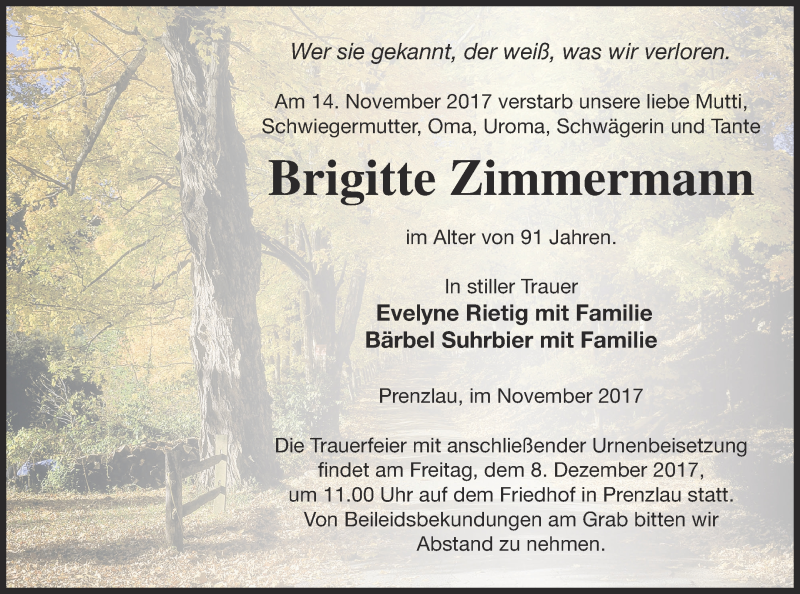  Traueranzeige für Brigitte Zimmermann vom 17.11.2017 aus Prenzlauer Zeitung