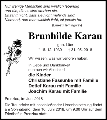 Traueranzeige von Brunhilde Karau von Prenzlauer Zeitung