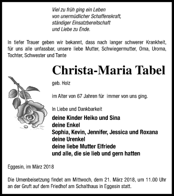 Traueranzeigen Von Christa Maria Tabel Trauer Nordkurier