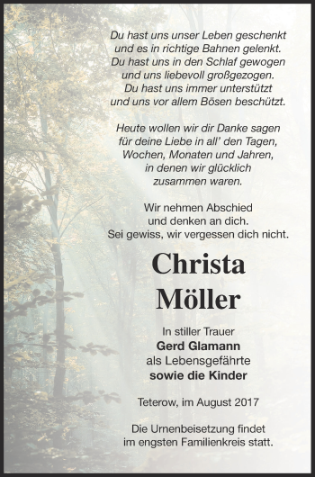 Traueranzeige von Christa Möller von Mecklenburger Schweiz