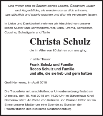 Traueranzeigen Von Christa Schulz Trauer Nordkurier