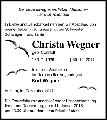 Traueranzeigen Von Christa Wegner Trauer Nordkurier