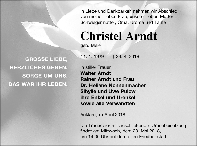 Traueranzeigen Von Christel Arndt Trauer Nordkurier