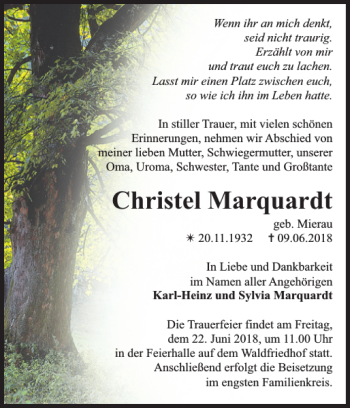 Traueranzeigen Von Christel Marquardt Trauer Nordkurier