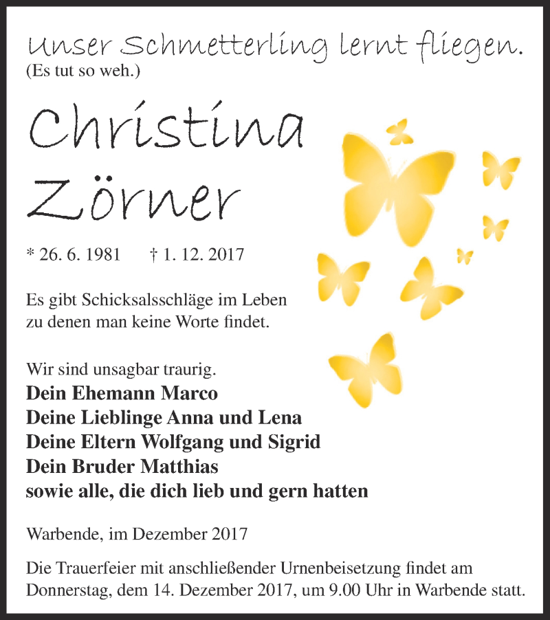  Traueranzeige für Christina Zörner vom 08.12.2017 aus Strelitzer Zeitung