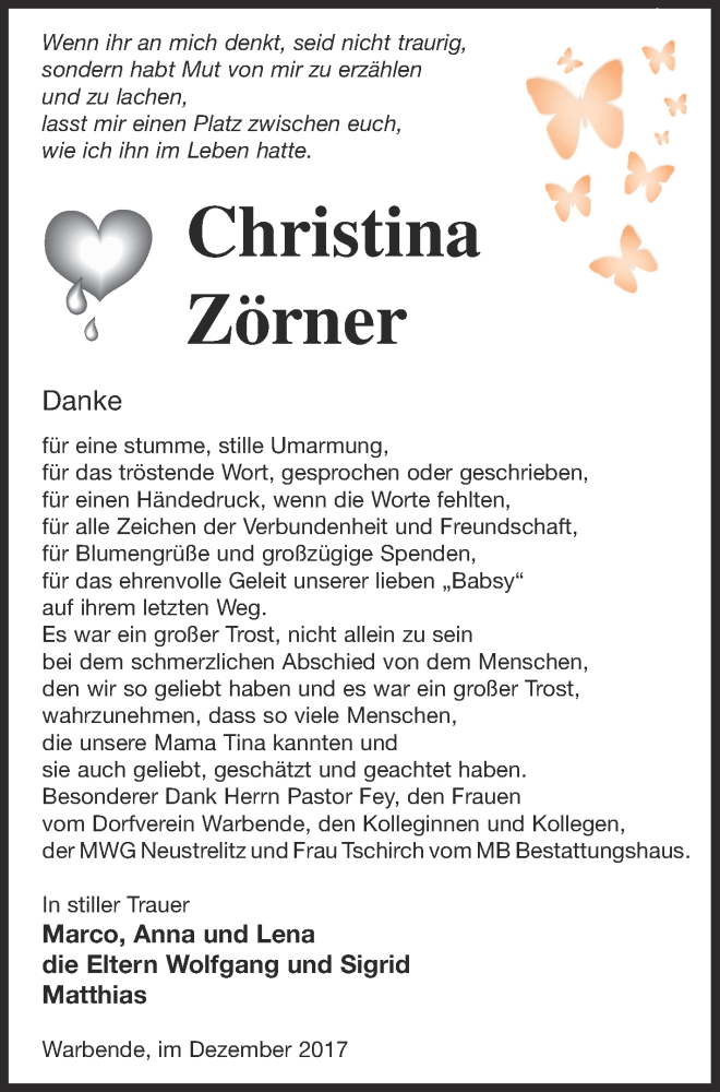  Traueranzeige für Christina Zörner vom 22.12.2017 aus Strelitzer Zeitung