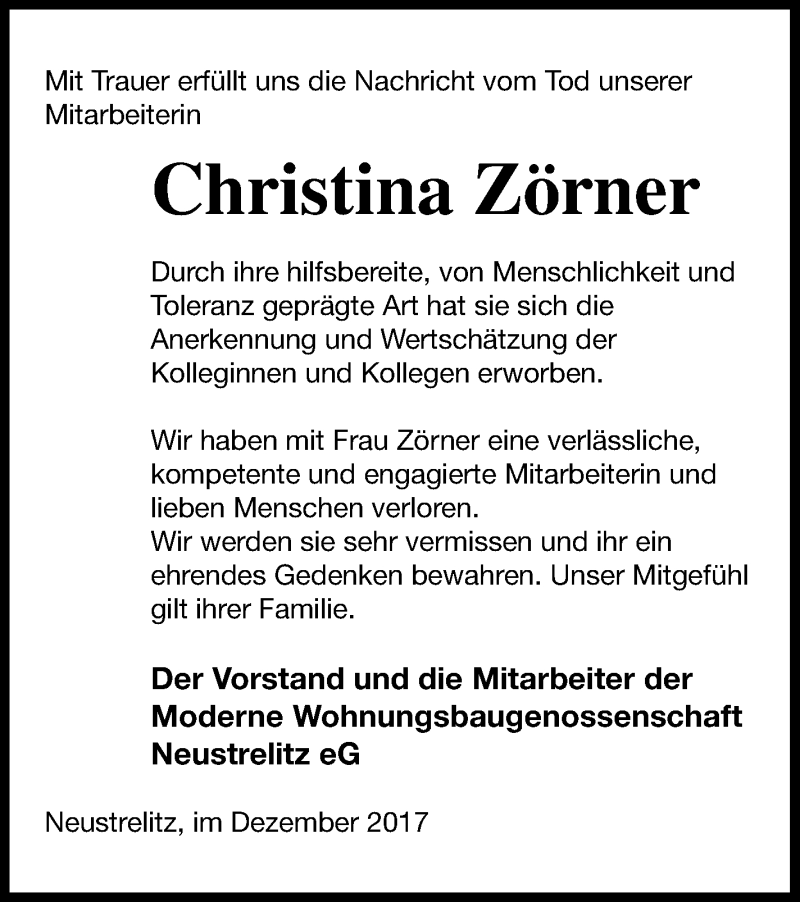  Traueranzeige für Christina Zörner vom 16.12.2017 aus Strelitzer Zeitung