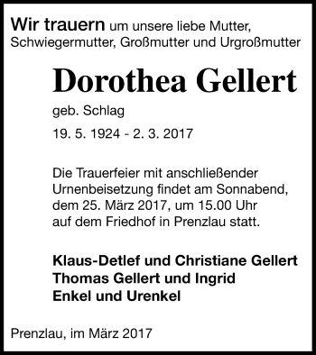 Traueranzeigen Von Dorothea Gellert Trauer Nordkurier