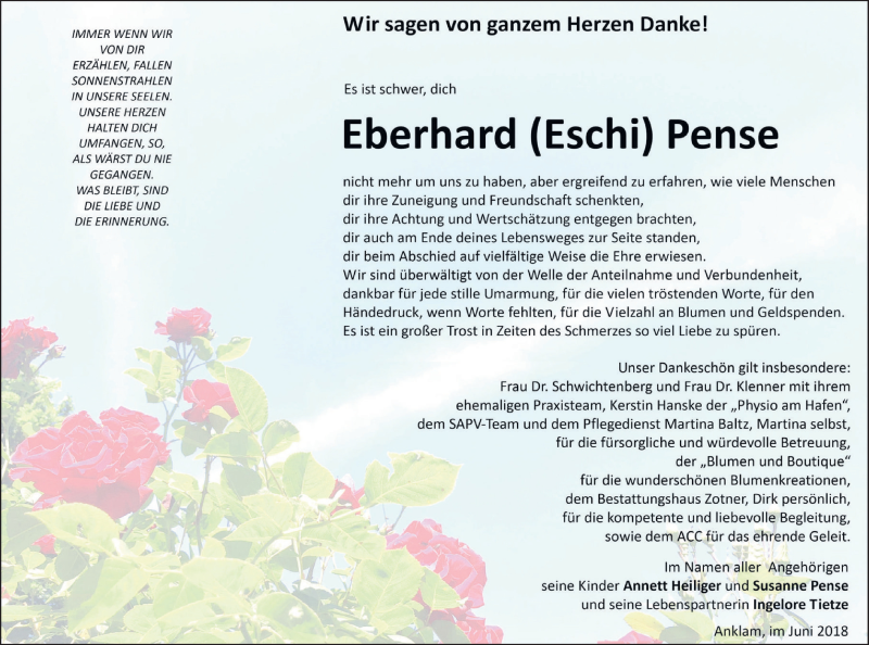  Traueranzeige für Eberhard Pense vom 16.06.2018 aus Vorpommern Kurier