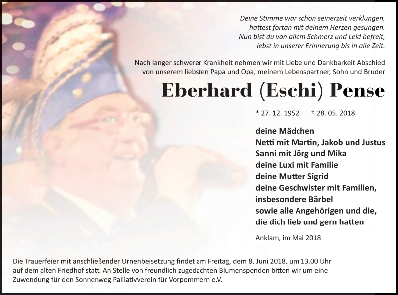  Traueranzeige für Eberhard Pense vom 02.06.2018 aus Vorpommern Kurier