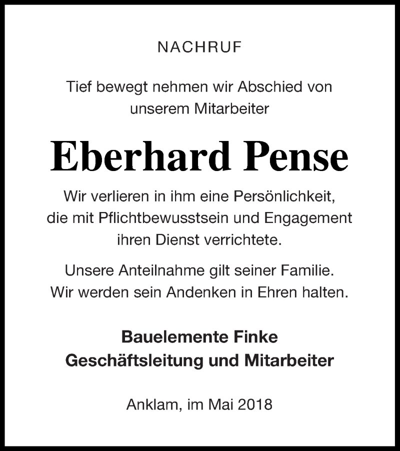  Traueranzeige für Eberhard Pense vom 09.06.2018 aus Vorpommern Kurier