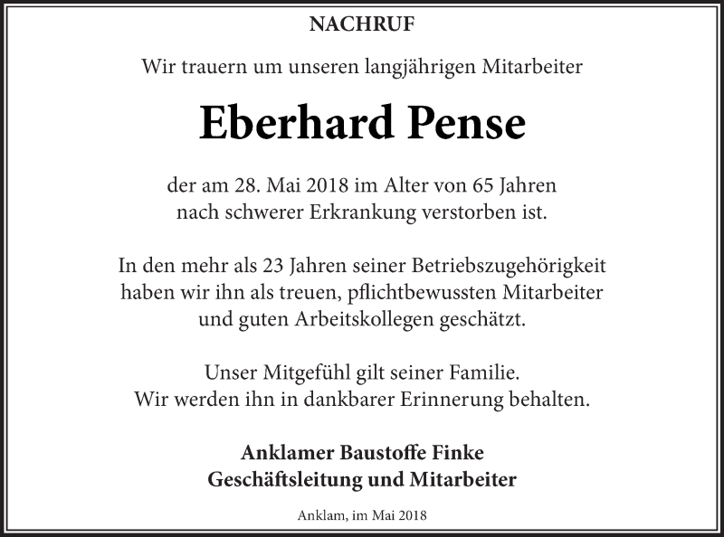  Traueranzeige für Eberhard Pense vom 08.06.2018 aus Vorpommern Kurier