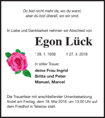 Traueranzeigen von Egon Lück Trauer Nordkurier