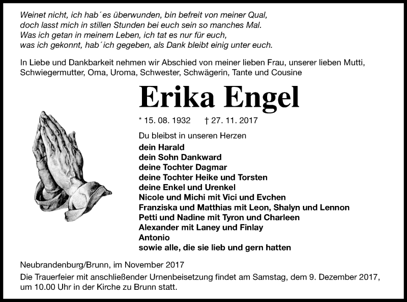  Traueranzeige für Erika Engel vom 02.12.2017 aus Neubrandenburger Zeitung