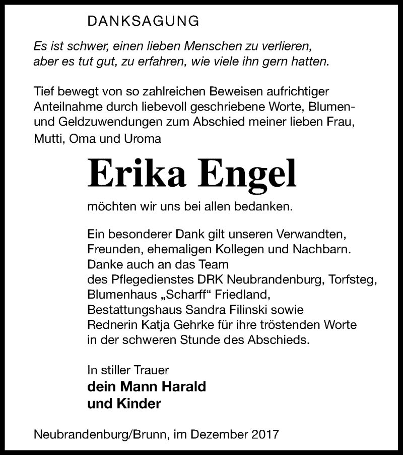  Traueranzeige für Erika Engel vom 30.12.2017 aus Neubrandenburger Zeitung