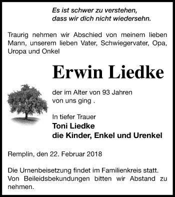 Traueranzeige von Erwin Liedke von Mecklenburger Schweiz